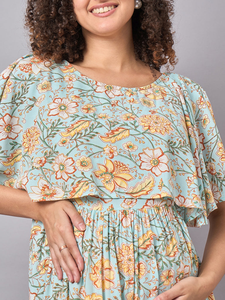 Sky Blue Floral Maternity and Nursing Maxi Dress- Close up 1