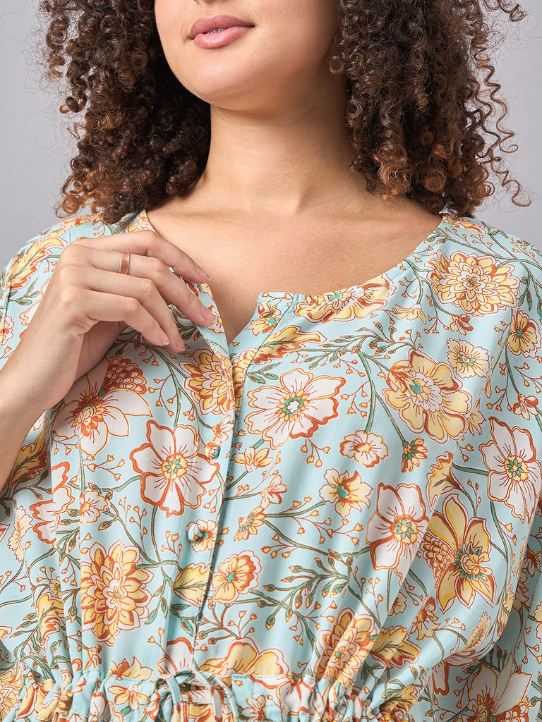 Sky blue Color Floral Printed Maternity & Nursing Long Kaftan Dress- close up 1