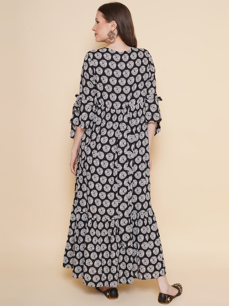 Black Floral Printed Maternity and Nursing Long Maxi Dress- Back Profile