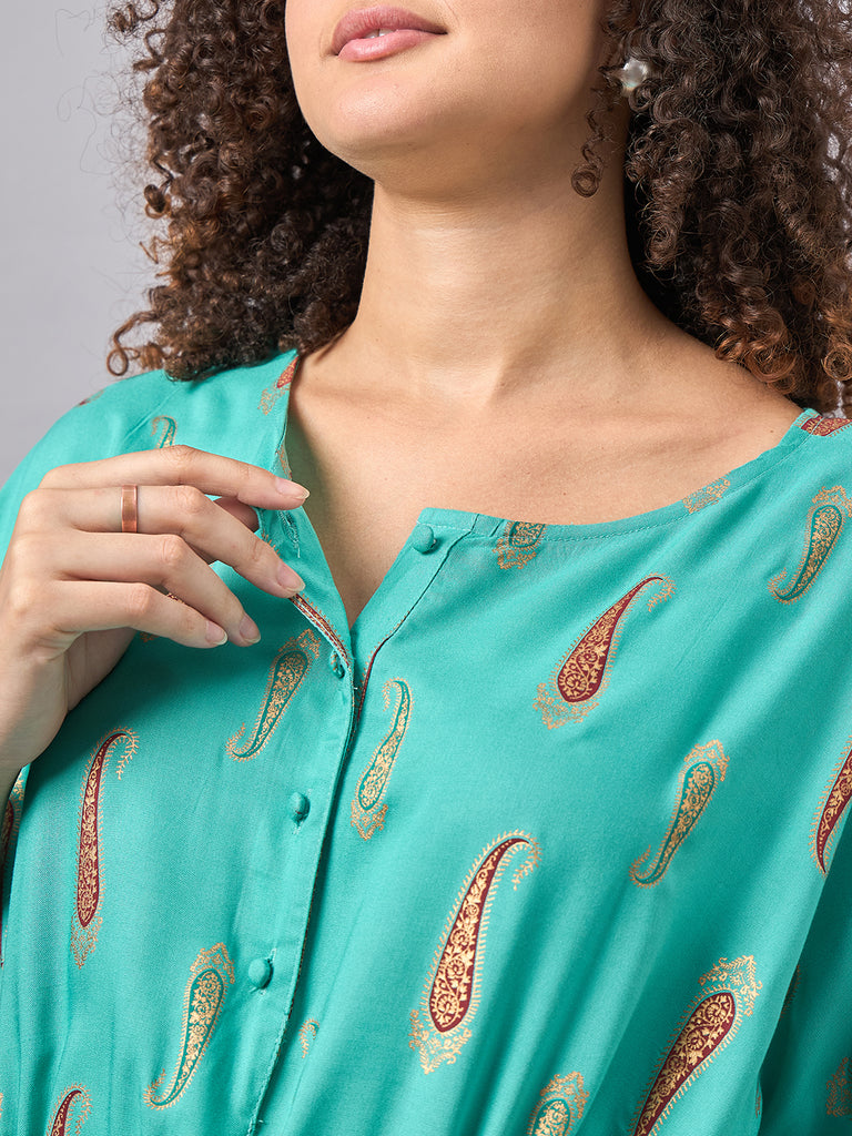 Blue-Green Color Printed Maternity & Nursing Long Kaftaan Dress- Close up 1