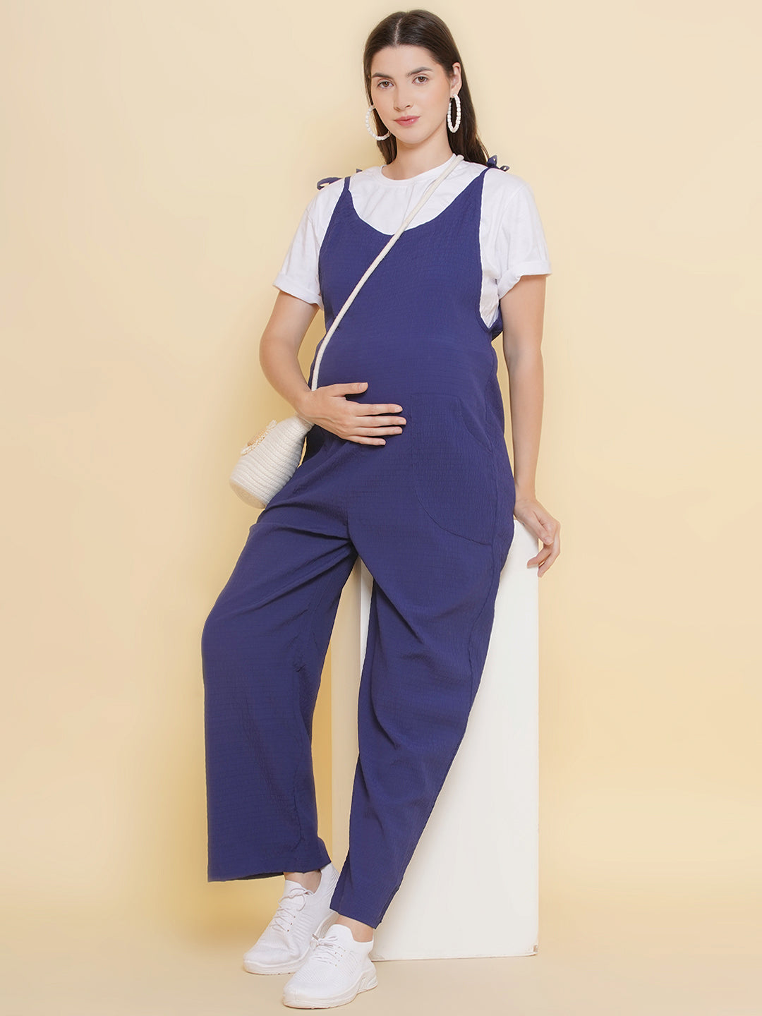 Navy Blue Smocked Drawstring Front Short Sleeve Maternity Jumpsuit–  PinkBlush