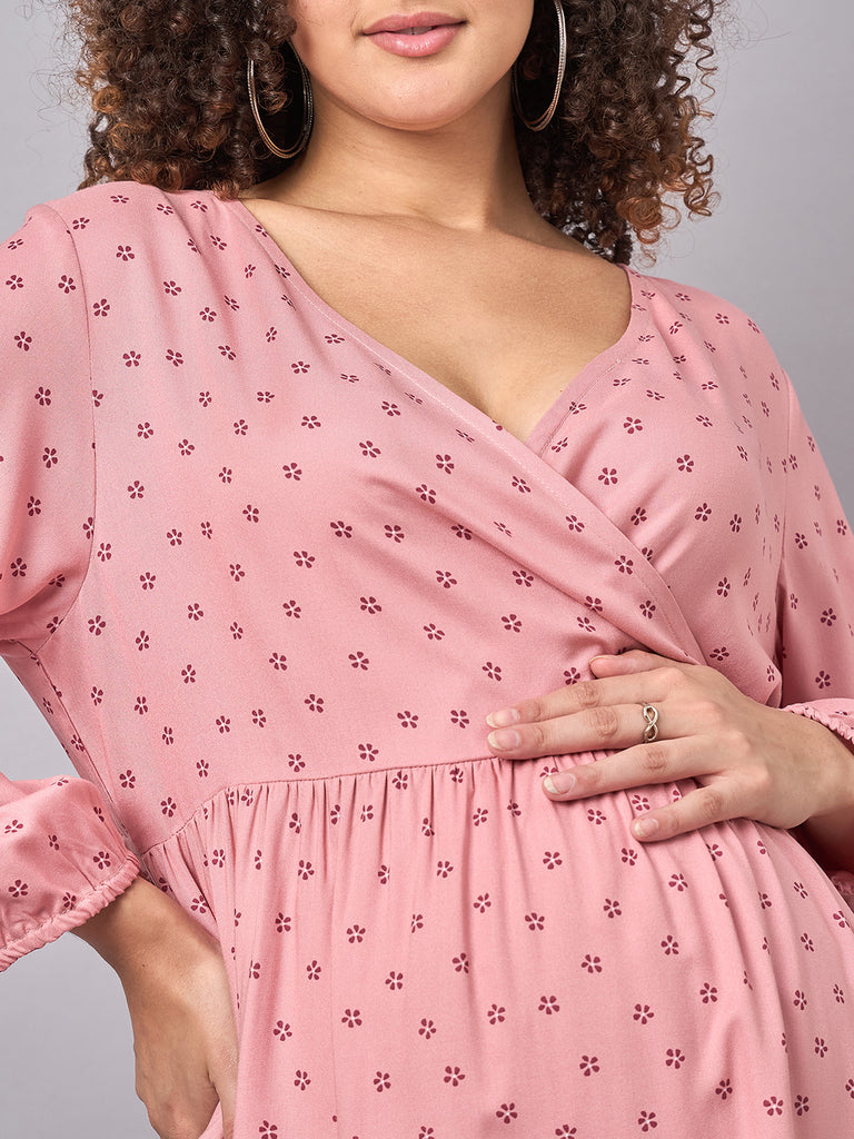 Close up- Neck Profile- Pink Floral Printed Maternity and Nursing Dress