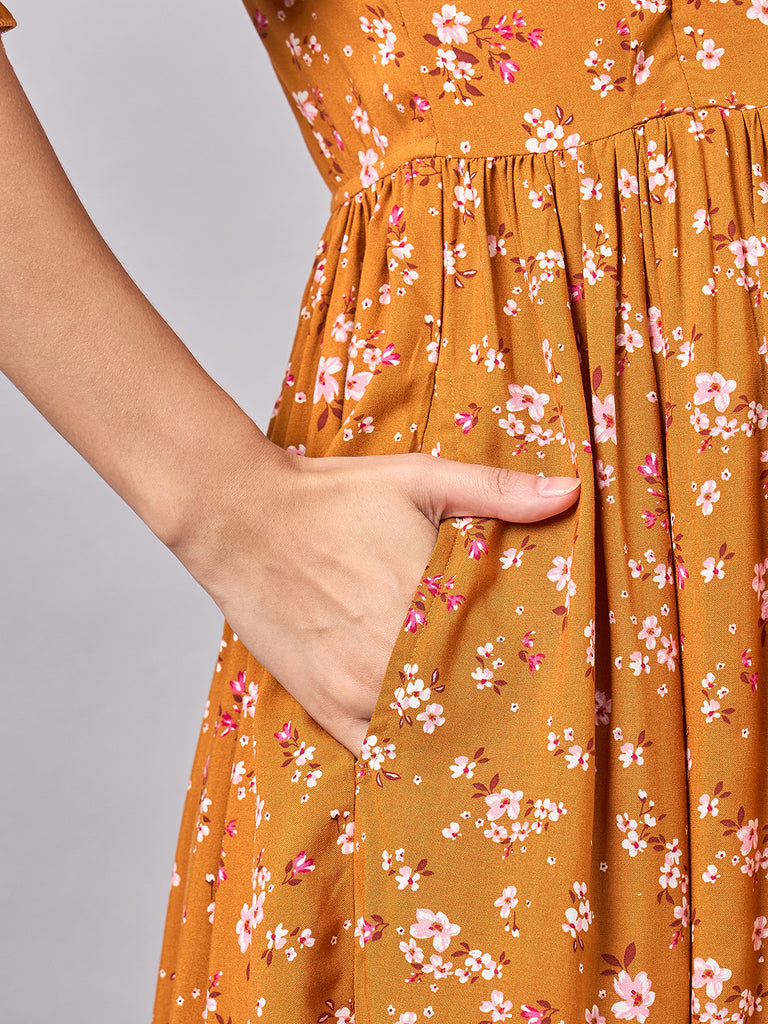 Mustard Floral Maternity and Nursing Dress with Square Neckline- close up on pockets