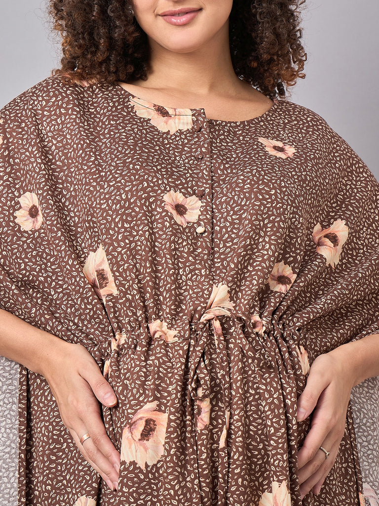 Brown Floral Printed Maternity & Nursing Long Kaftan Dress- close up 2