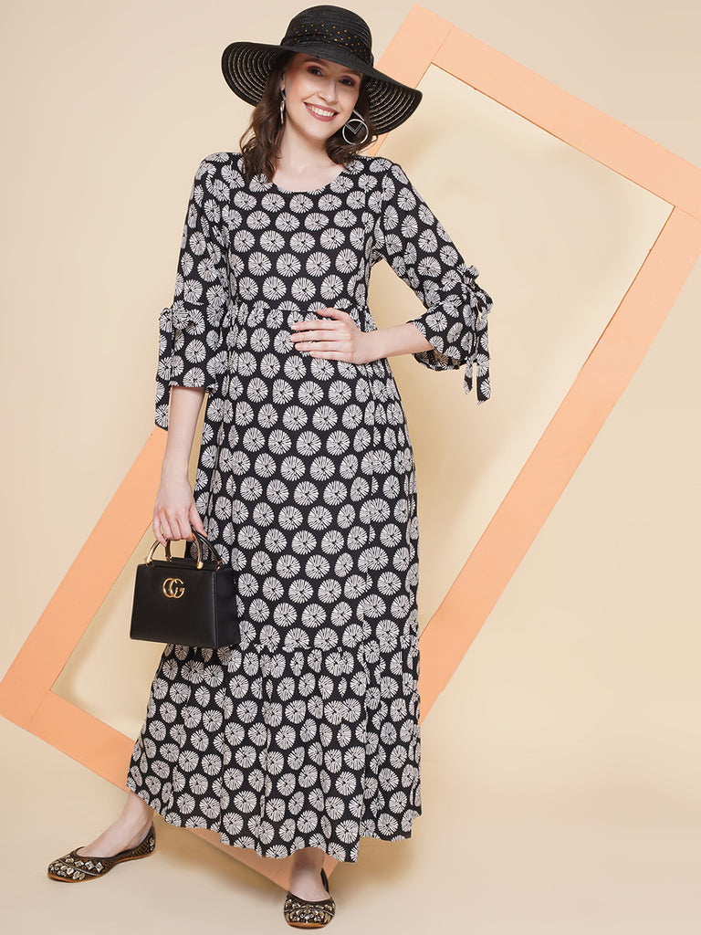 Black Floral Printed Maternity and Nursing Long Maxi Dress- Style with handbag and hat