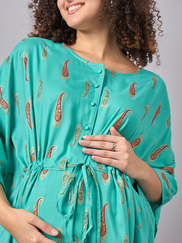 Green Color Printed Maternity & Nursing Long Kaftaan Dress- Close up 2