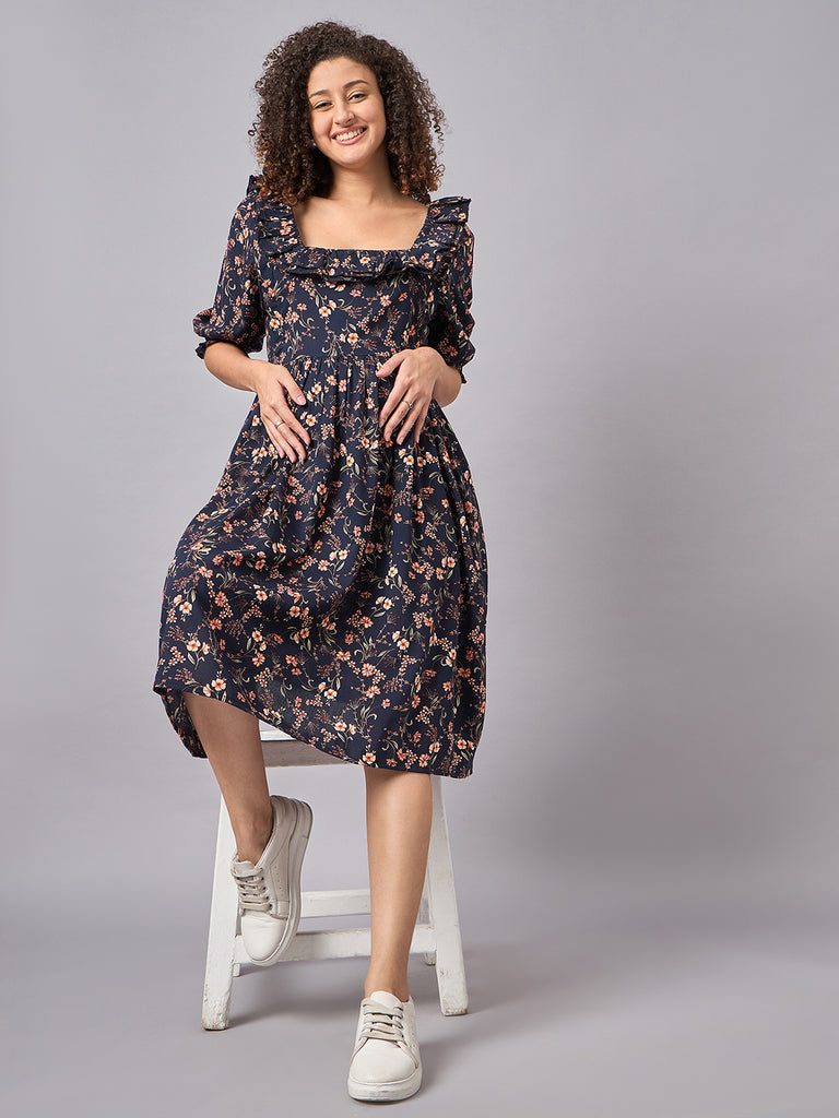 Blue Floral Maternity and Nursing Dress- Seated