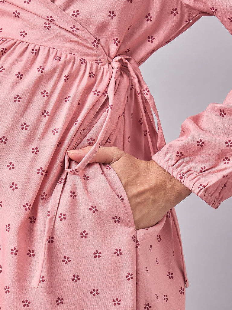 Close up on Pockets- Pink Floral Printed Maternity and Nursing Dress