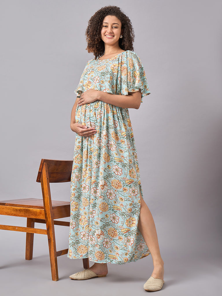 Sky Blue Floral Maternity and Nursing Maxi Dress- Front