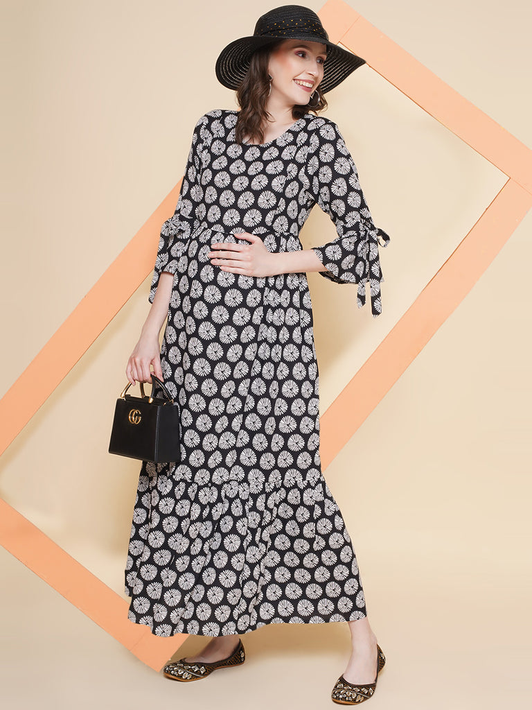 Black Floral Printed Maternity and Nursing Long Maxi Dress with Hat