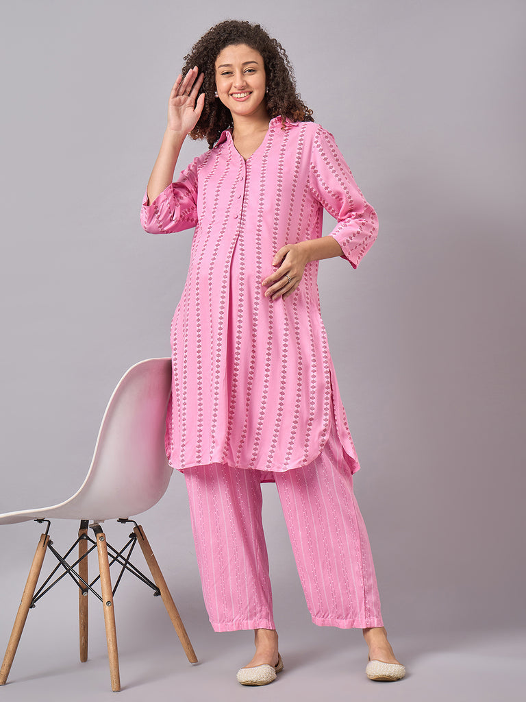 Women's Pink Color Shirt Collar Maternity & Nursing Kurta Set- Front 1