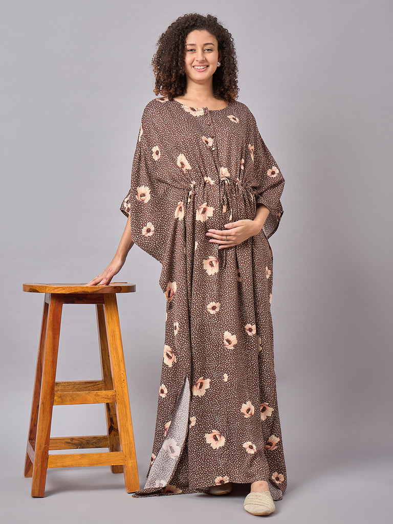 Brown Floral Printed Maternity & Nursing Long Kaftan Dress- Leaning front