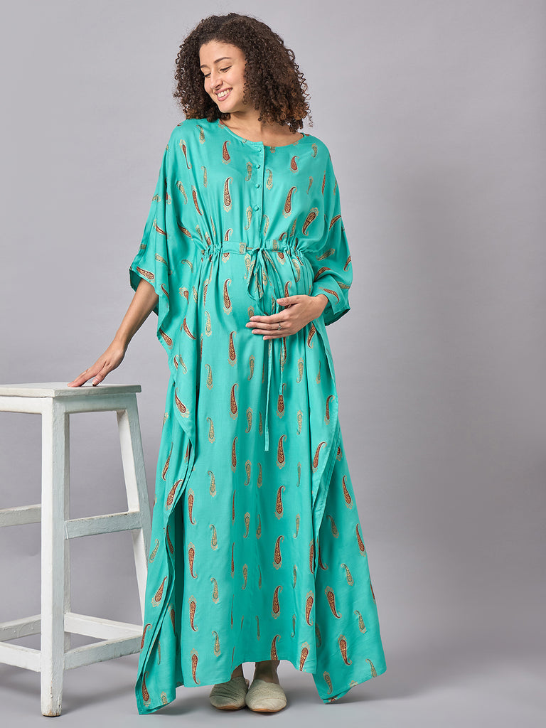 Blue-Green Color Printed Maternity & Nursing Long Kaftaan Dress- Front 1