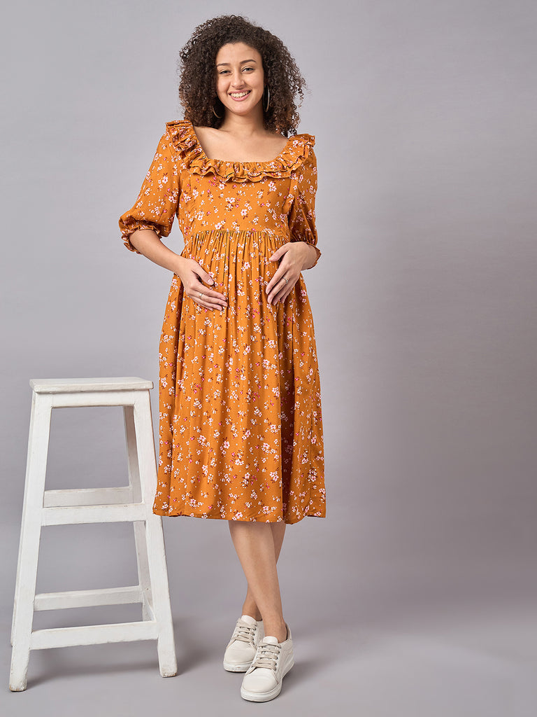 Mustard Floral Maternity and Nursing Dress with Square Neckline