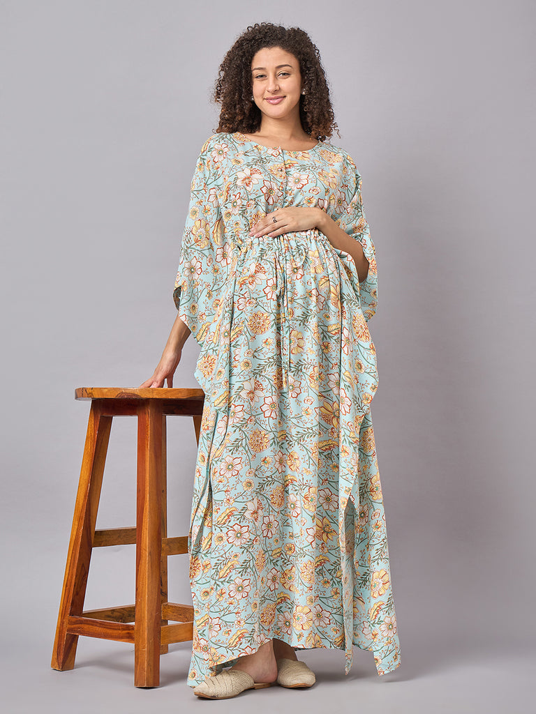 Sky blue Color Floral Printed Maternity & Nursing Long Kaftan Dress- Front 1