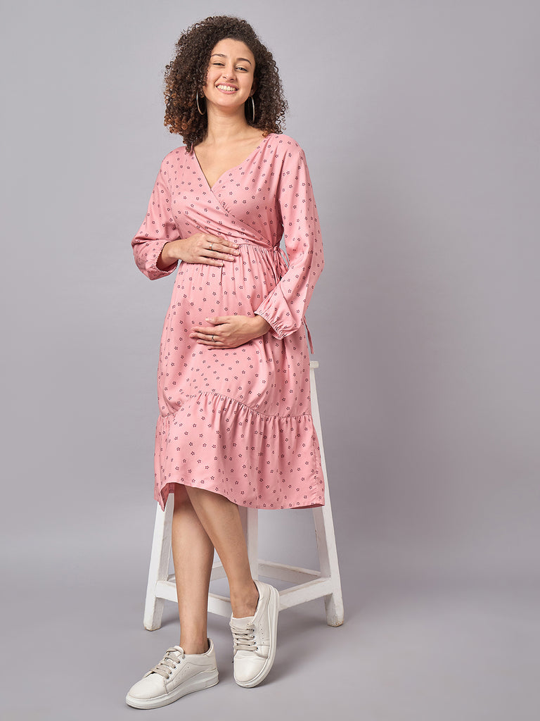 Leaning Profile- Pink Floral Printed Maternity and Nursing Dress