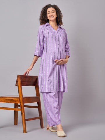 Purple Maternity & Nursing Kurta Set- Front 1