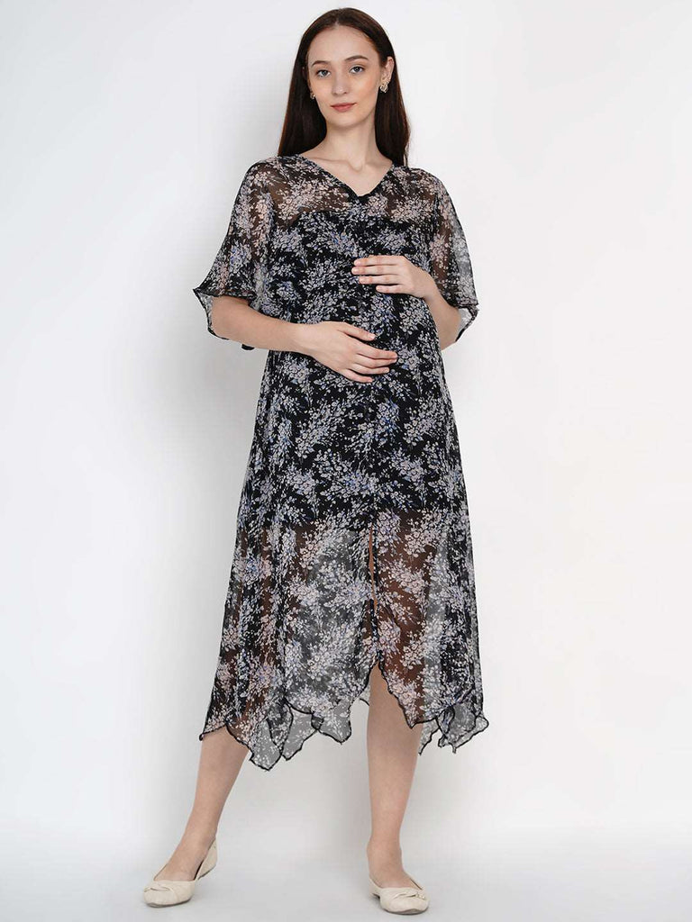 Side Knot by mine4nine Women's Maternity Black Georgette Floral Print maternity Midi Dress