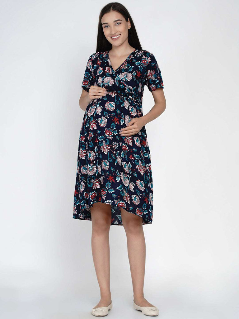 Side Knot by mine4nine Women's Maternity Navy Sustainable Rayon Floral Print Maternity Dress