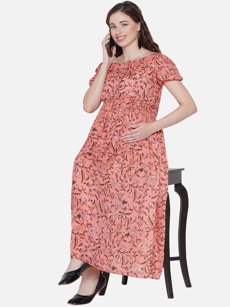 Women's Peach Floral Rayon Maternity & Nursing Maxi Dress