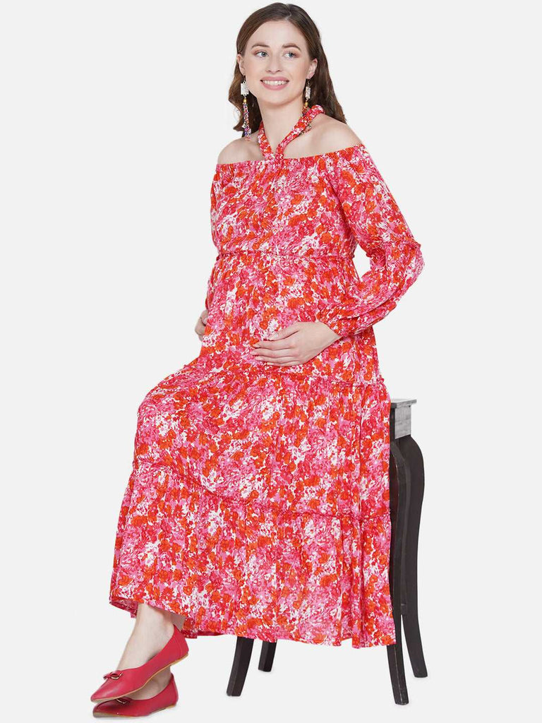 Women's Pink Floral Rayon Maternity & Nursing Midi Dress