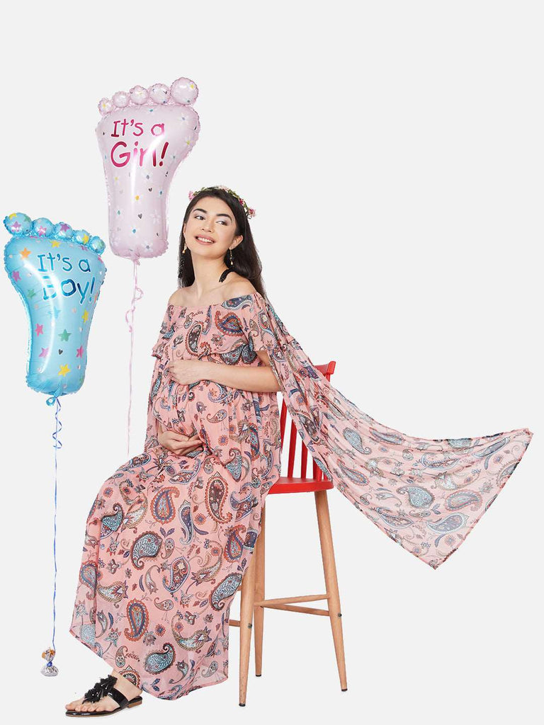 Mine4Nine Women's Maternity Floral Print Peach Color Maxi Baby Shower Dress
