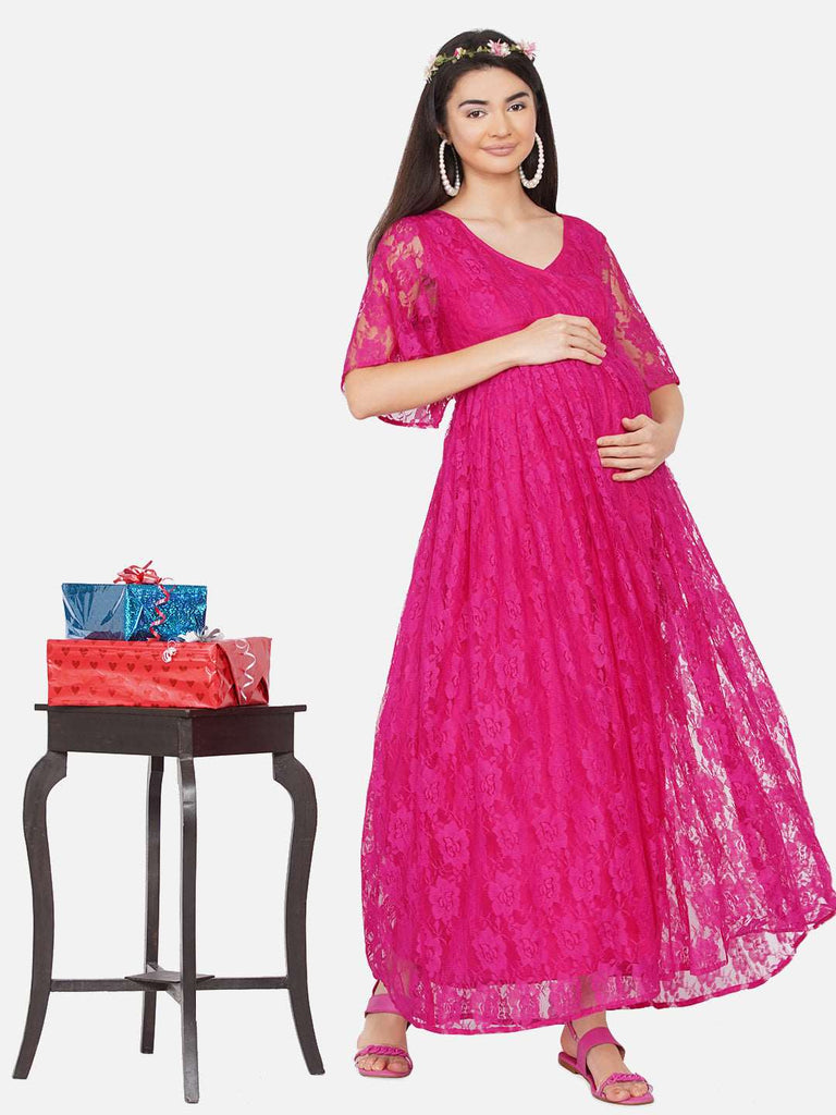Women's Maternity Solid Maroon Color Maxi Baby Shower Dress