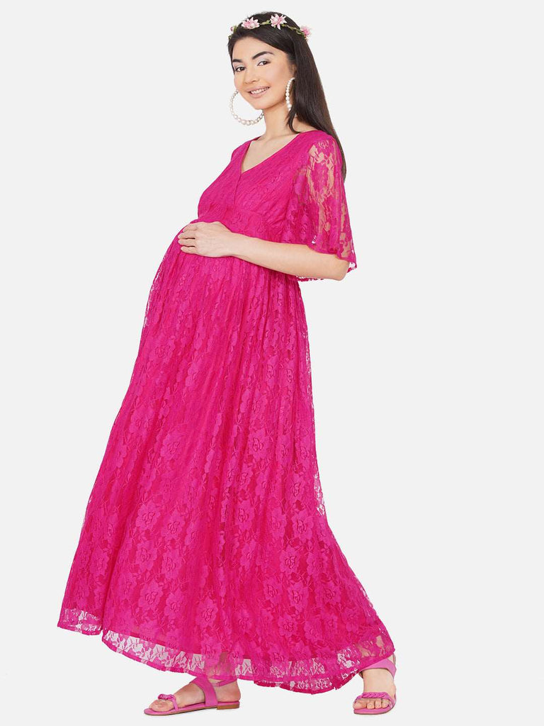 Women's Maternity Solid Maroon Color Maxi Baby Shower Dress