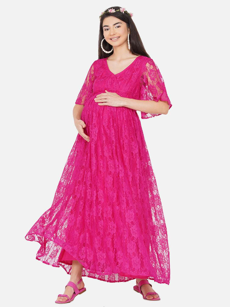 Women's Maternity Solid Maroon Color Maxi Baby Shower Dress