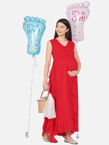 Women's Maternity Solid Red Color Long Maxi Baby Shower Dress