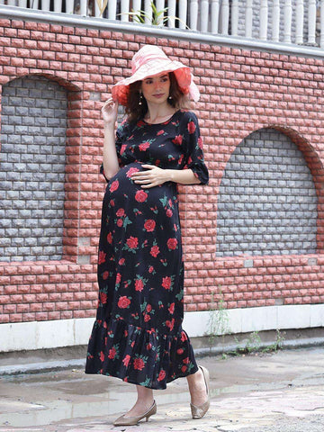 Side Knot by mine4nineWomen's Maternity  Black Sustainable Rayon Floral Print maternity Maxi Dress