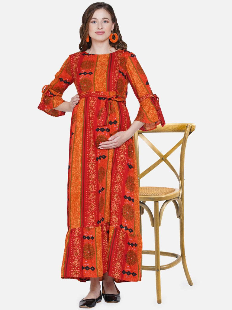 Women's Orange Maxi Rayon Maternity Dress