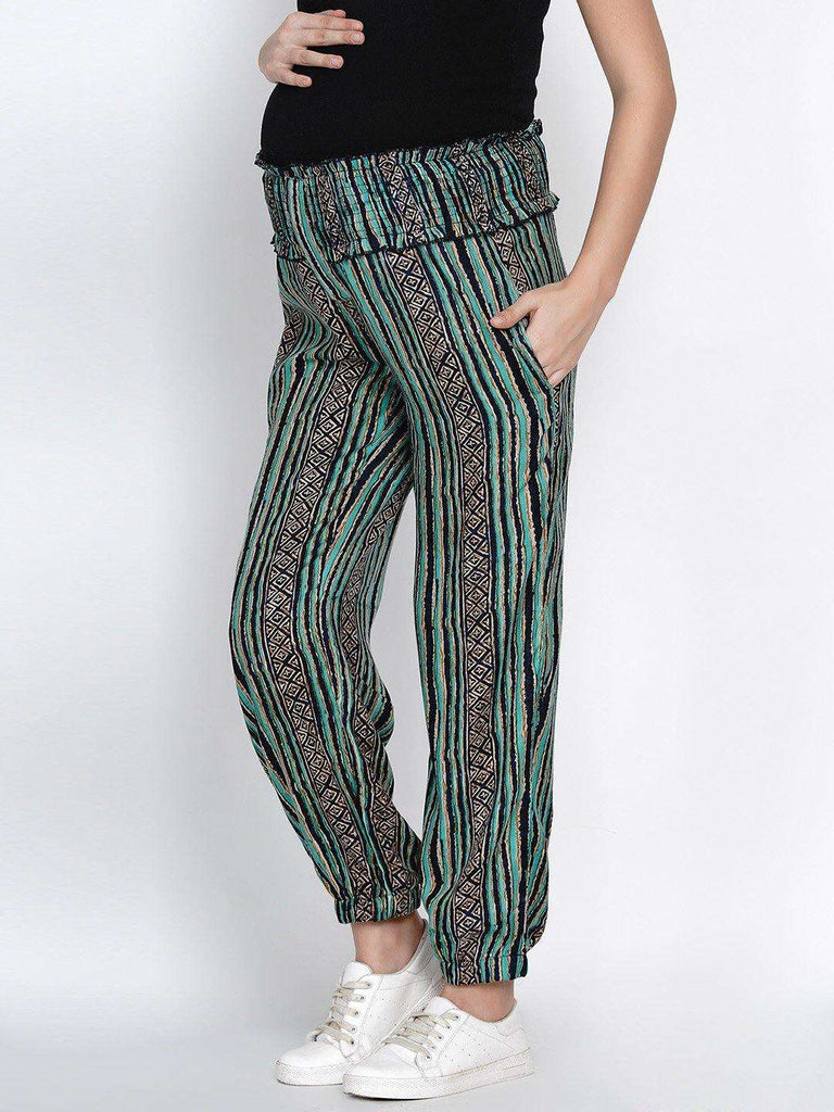 Mine4Nine Women's Green Rayon Maternity Trousers.