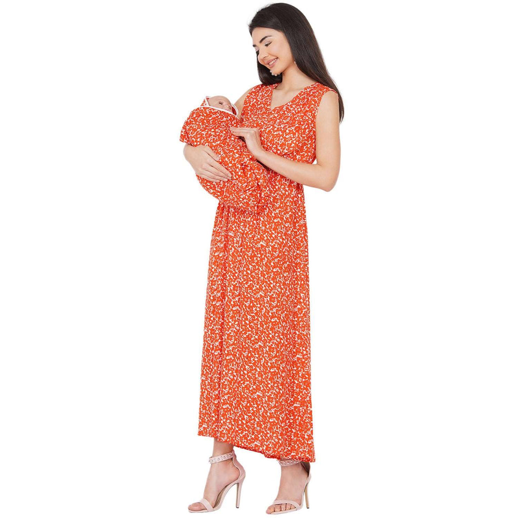 Orange floral  Maxi Maternity dress for Mom  & Matching Baby Wrapper set