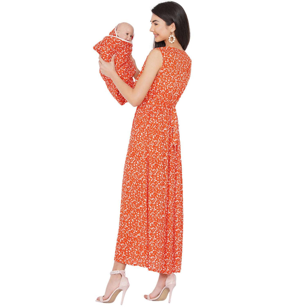 Orange floral  Maxi Maternity dress for Mom  & Matching Baby Wrapper set