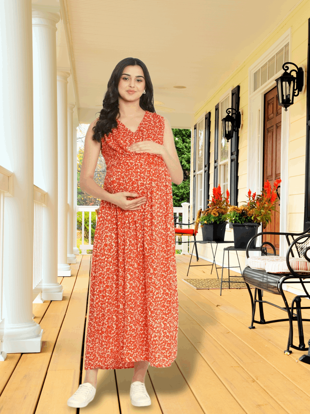 Women's Orange A Line Rayon Maternity Dress