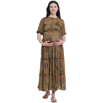 Side Knot by mine4nine Women's Maternity  Yellow Sustainable Rayon Floral Print maternity Dress