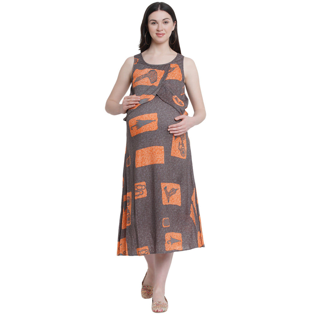 Side Knot by mine4nine Women's Maternity  Orange Fit and Flare Sustainable Rayon Abstract Print maternity Dress
