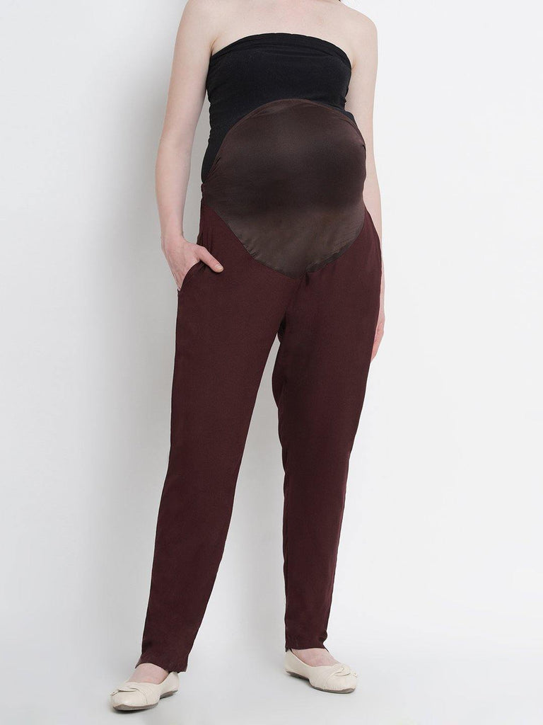 Mine4Nine Women's Chocolate Brown Rayon Maternity Trousers.