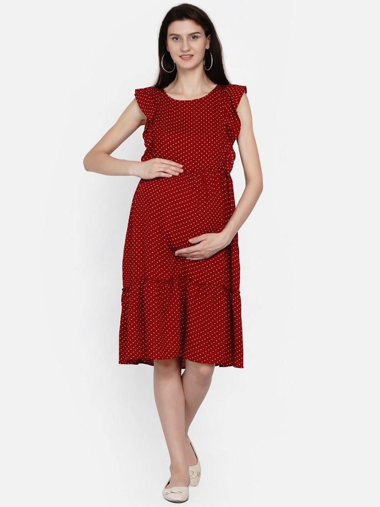 Mine4Nine "Day after Day" Women's Red Polka Fit & flare Midi Rayon Maternity & Nursing Dress.