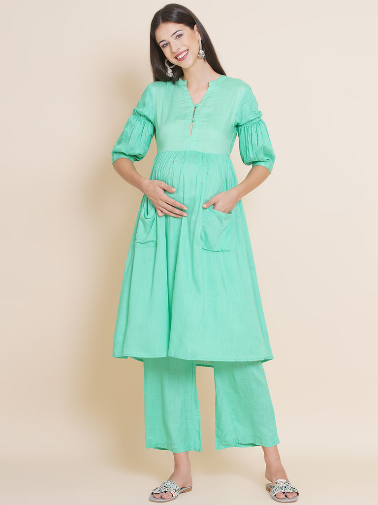 Women's Green Fit and Flare Rayon Maternity Kurta with Palazzo Set