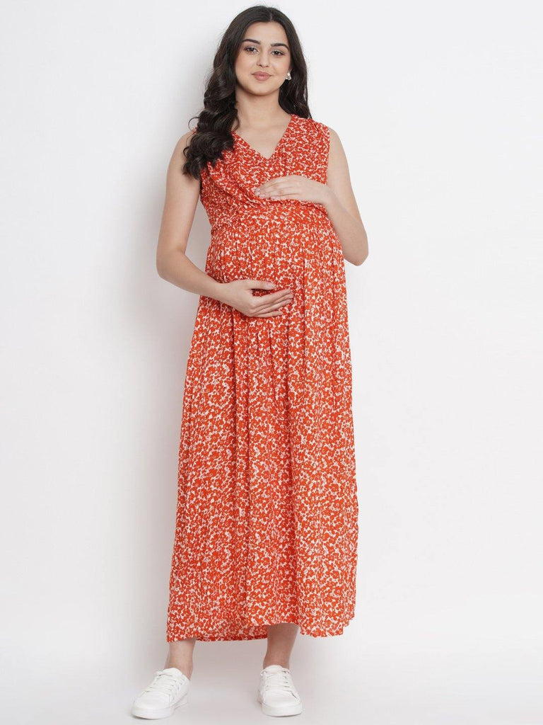 Mine4Nine Women's Orange A Line Rayon Maternity Dress.