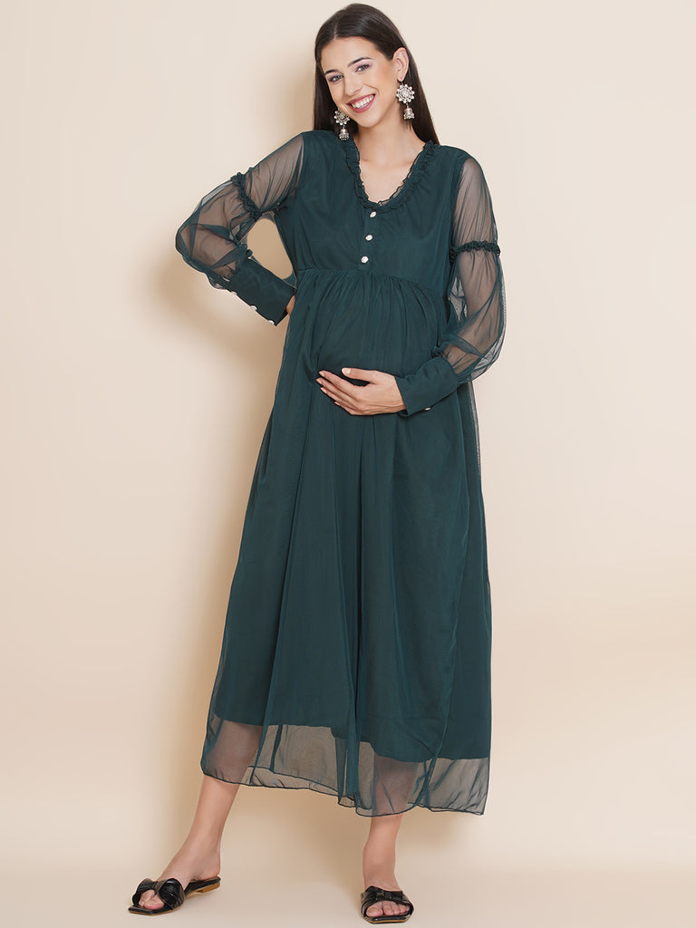 Women's Maternity Solid Dark Green Color Maxi Baby Shower Dress