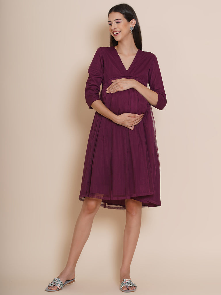 Women's Maternity Solid Wine Blue Color Maxi Baby Shower Dress