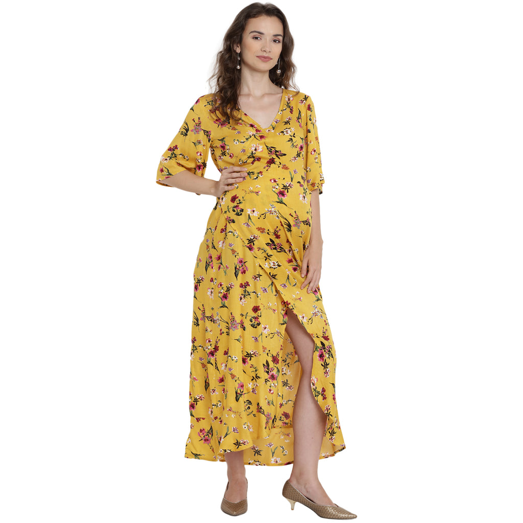 Mine4Nine Women's Yellow Wrap Rayon Maternity Dress.