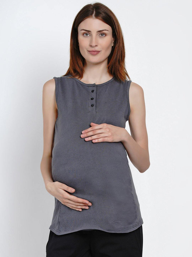 Mine4Nine Women's Grey Cotton Maternity Yoga T shirts.