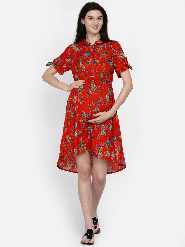 Mine4Nine "Day after Day" Women's Red Floral Shirt collar Midi Rayon Maternity & Nursing Dress.
