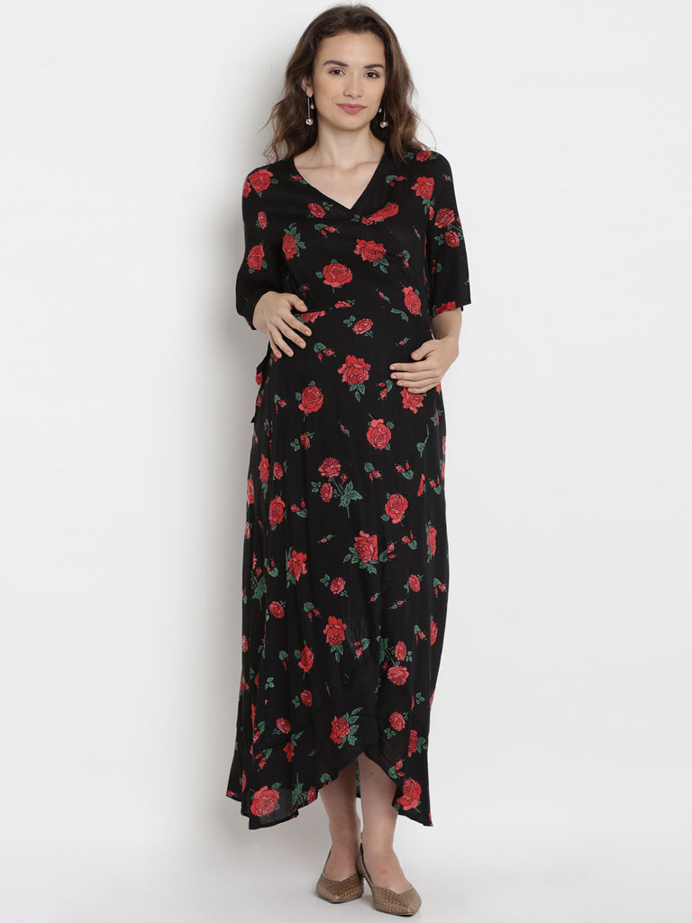 side knot by mine4ninewomens maternity black sustainable rayon floral print maternity maxi dress