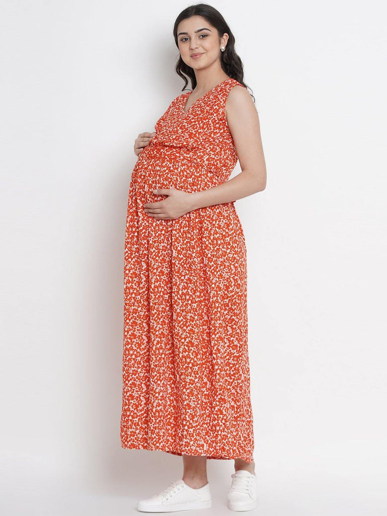 Mine4Nine Women's Orange A Line Rayon Maternity Dress.