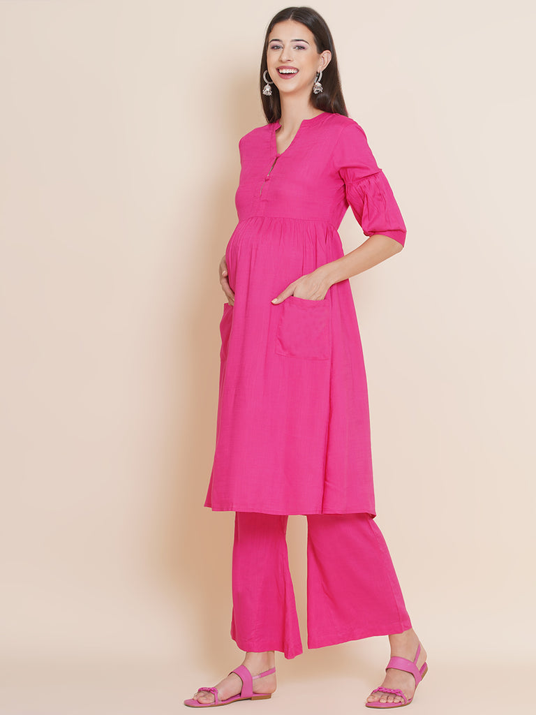 Women's Pink Fit and Flare Rayon Maternity Kurta with Palazzo Set